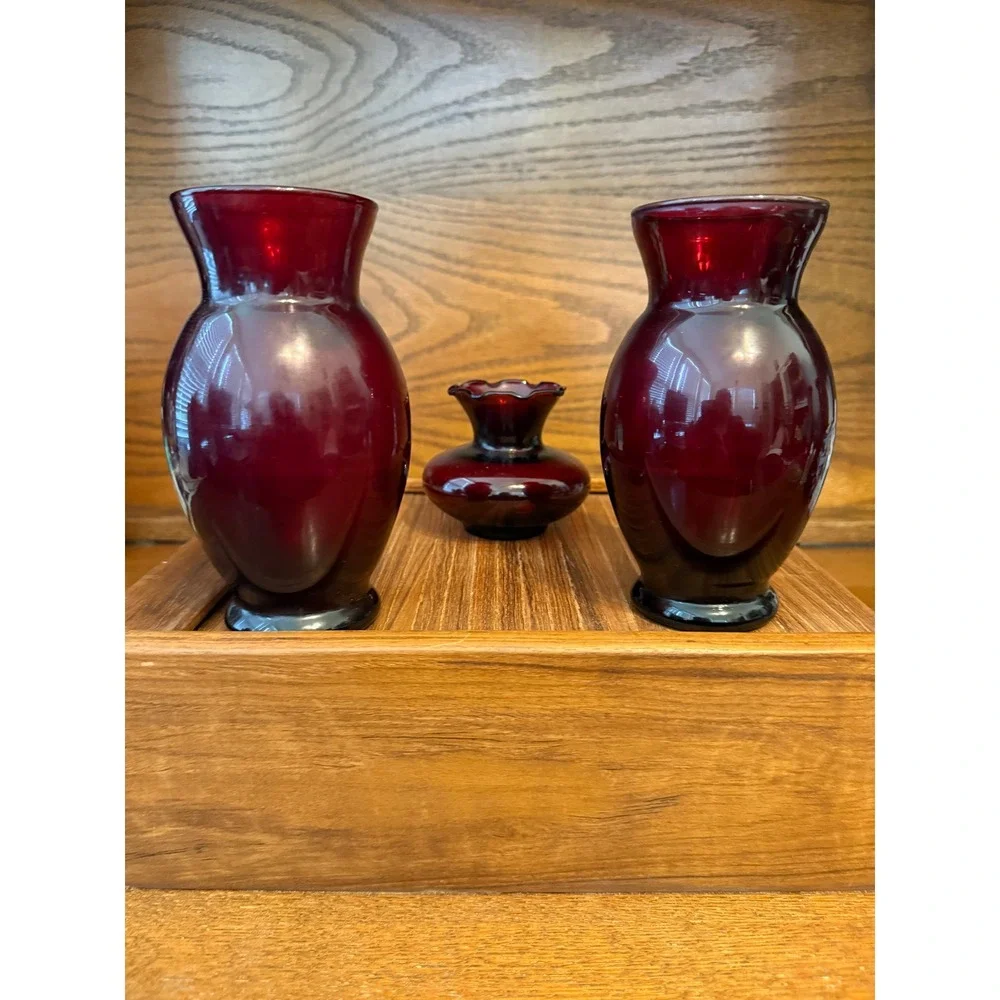Royal Ruby Anchor Hocking Glass Vase Set Vintage Red Bud and Ruffled Vases 3pc